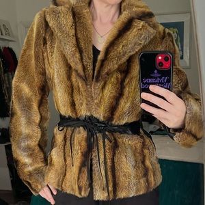 Beautiful vintage faux sable fur coat w: leather grommet corset synching belt